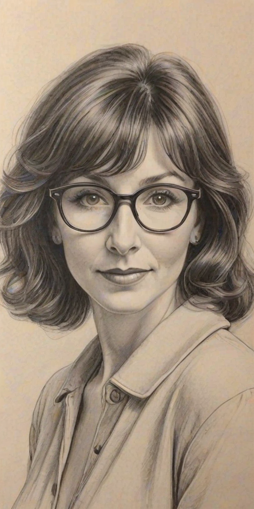 Appealing Mary Steenburgen, pencil sketch, portrait of Stunning woman 1929s in glasses, hair style beatnik, outline, clear lines, fine lines, 8k