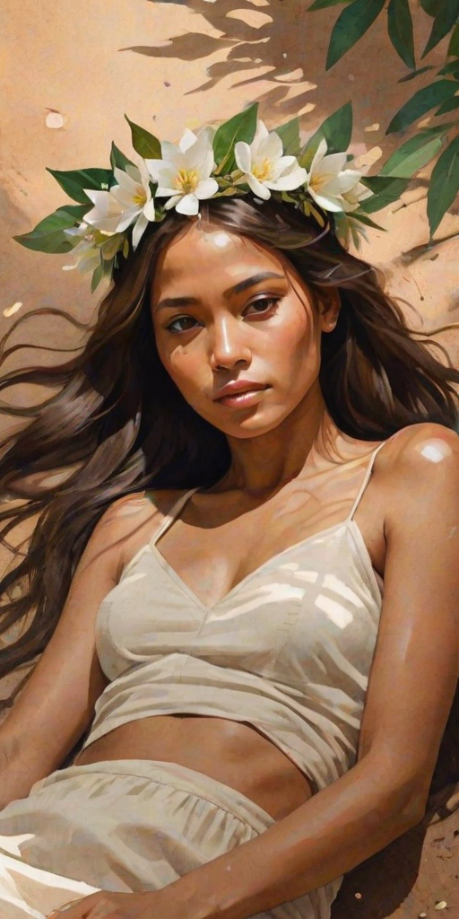 create a watercolor painting of an ethereal portrait of beautiful Guarani woman with a simple white flower crown on her head. Her hair is long and she is lying on the ground. The sunlight on the trees casts shadows from the leaves on her face and body. The background is a neutral brown color that matches her skin tone. The image is minimalist and solid colors. This style is characterized by soft, delicate brushstrokes and a light, airy, contrasting color palette. High level of detail and play of light