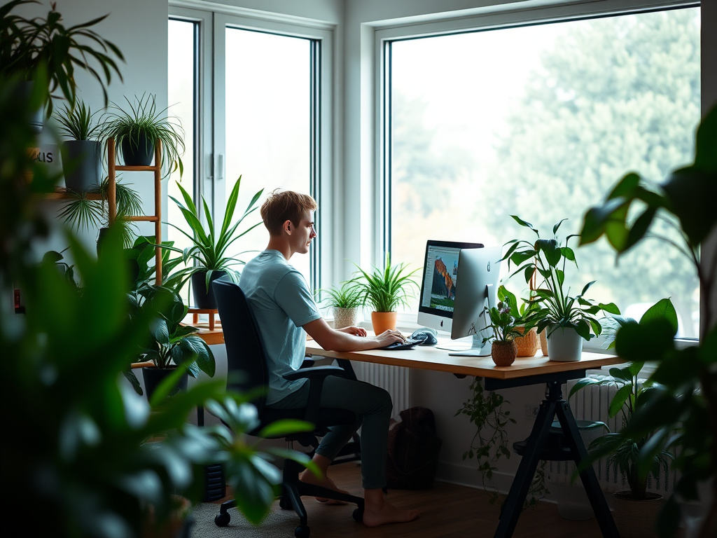 A cozy home office scene featuring a person working at a desk with a computer, surrounded by various indoor plants, large windows with natural light, soft focus background, taken with a Canon EOS R5 using a 50mm lens, aperture f/1.8, ISO 200, and a warm color grading for a serene atmosphere.