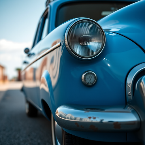 Generate a high-resolution image of a blue vintage car with shiny bodywork, captured from a low-angle side view, using a DSLR camera with a 35mm lens, f/2.8 aperture, ISO 100, and a shallow depth of field for a blurred background effect.