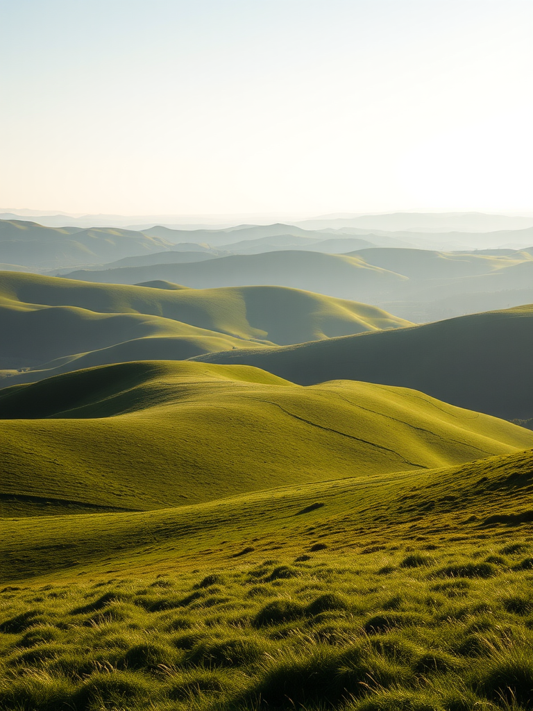 scenic landscape of rolling green hills under soft morning light, captured with a DSLR camera, 35mm lens, aperture f/8, ISO 100, 1/200 sec shutter speed, panoramic view with a slight tilt for depth