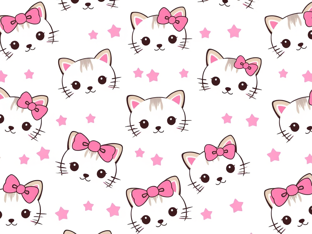 Create a seamless pattern featuring cute cartoon cat faces with pink bows on a light background interspersed with pink stars