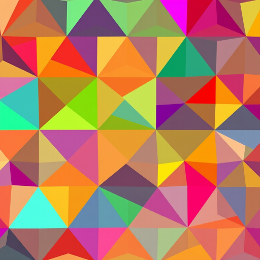 Create a vibrant abstract pattern of colorful triangles blending seamlessly into each other, with enhanced sharpness and contrast, captured with a Canon EOS R5, 50mm lens, f/1.8, ISO 100, in a soft focus style to emphasize the color transitions.