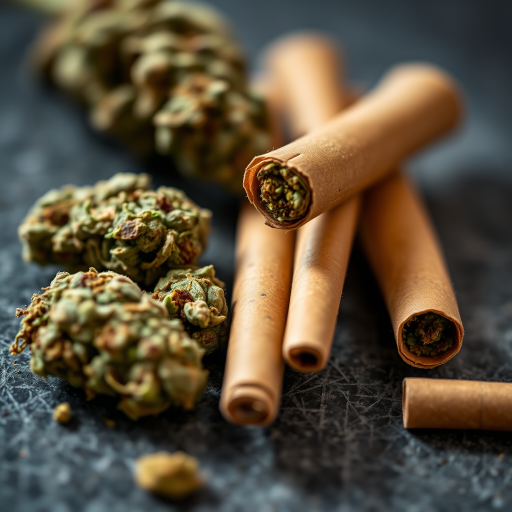 Close-up of cannabis buds and rolled joints on a textured surface, DSLR camera, 50mm lens, f/2.8, ISO 100, 1/125 sec, natural light, shallow depth of field, focus on the details of the buds.