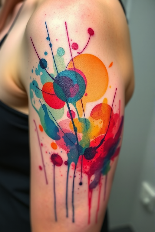 Abstract watercolor tattoo showcasing splashes and drips of vibrant pigments, creating a dreamlike landscape with subtle hints of recognizable forms emerging from the colorful chaos