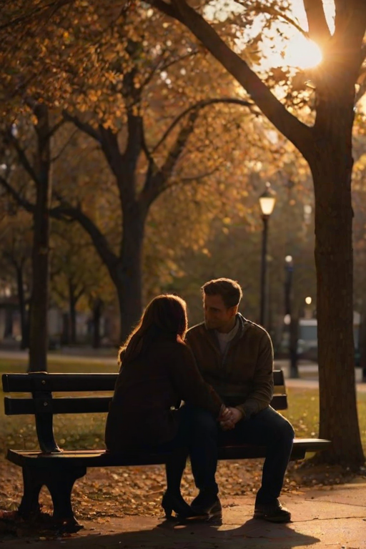 Low-light, intimate photo of a couple sitting together on a park bench at sunset, softly lit by a nearby streetlamp, leaves gently falling around them, their hands intertwined, shadows from the trees surrounding them, a distant city skyline barely visible on the horizon.