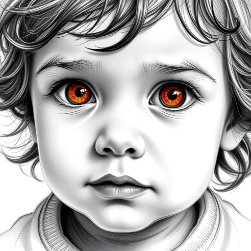 A hyperdetailed photorealistic black and white sketch of a beautiful toddler with deep orange eyes, with a macro focus