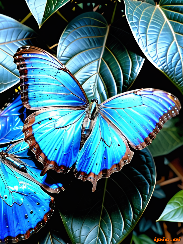 Vibrant Blue Butterflies Resting Among Lush Green Leaves in Nature.