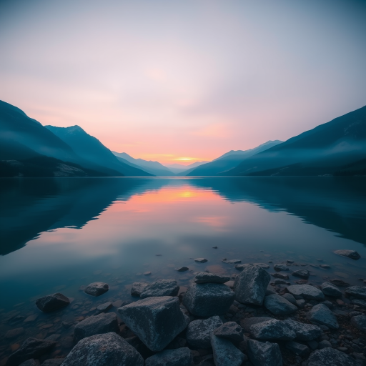 Create a vivid landscape of a serene lake surrounded by mountains during sunrise, with soft reflections on the water's surface, shot with a DSLR camera at ISO 100, f/11, 1/60s, using a wide-angle lens and a tripod for stability.