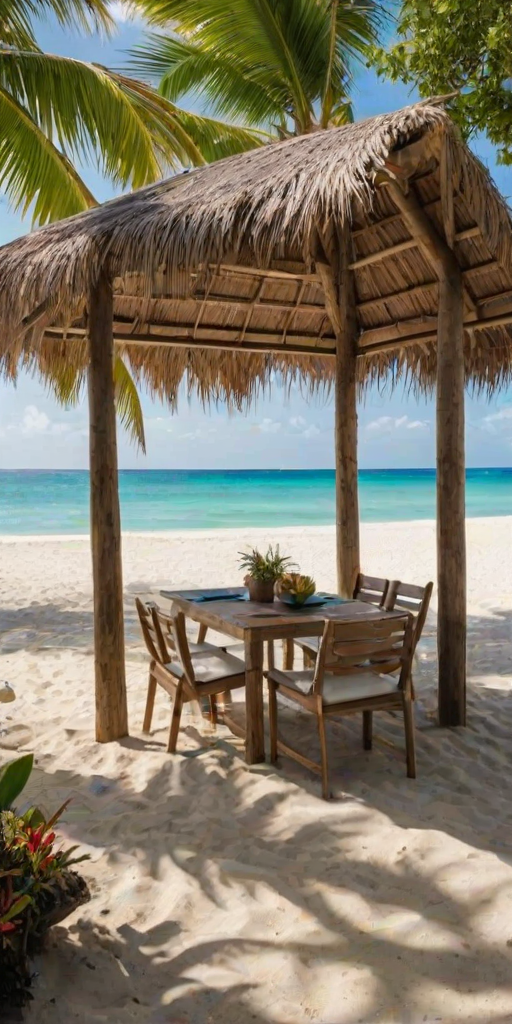 Create a picturesque tropical beach scene featuring a serene, white sandy shore. In the foreground, there's a rustic wooden canopy with white drapes gently flowing in the breeze. Underneath the canopy, a table is set with tropical decor, evoking a sense of relaxation and leisure. The beach extends into a calm, shallow water area with reflections of the sky and surroundings. Palm trees and lush greenery line the edge of the beach, providing a natural, tropical backdrop. The sky is clear with a few scattered clouds, and the overall atmosphere is tranquil and inviting, perfect for a peaceful retreat.