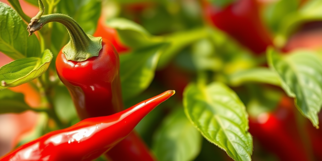 red chili pepper illustration with green leaves, high-resolution, macro lens, shallow depth of field, bright natural lighting, DSLR camera, focus on details