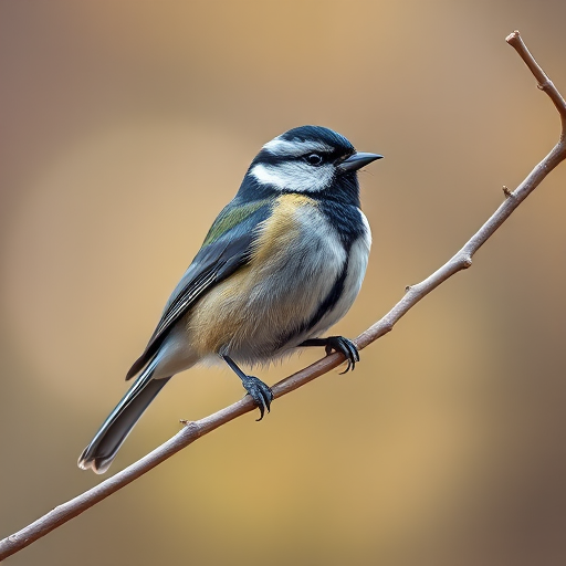 Regenerate the image of a great tit perched on a slender branch with soft bokeh background, taken with a Canon EOS 5D Mark IV, 85mm lens, f/4 aperture, ISO 200, in natural light at eye level for sharp focus and vibrant colors.