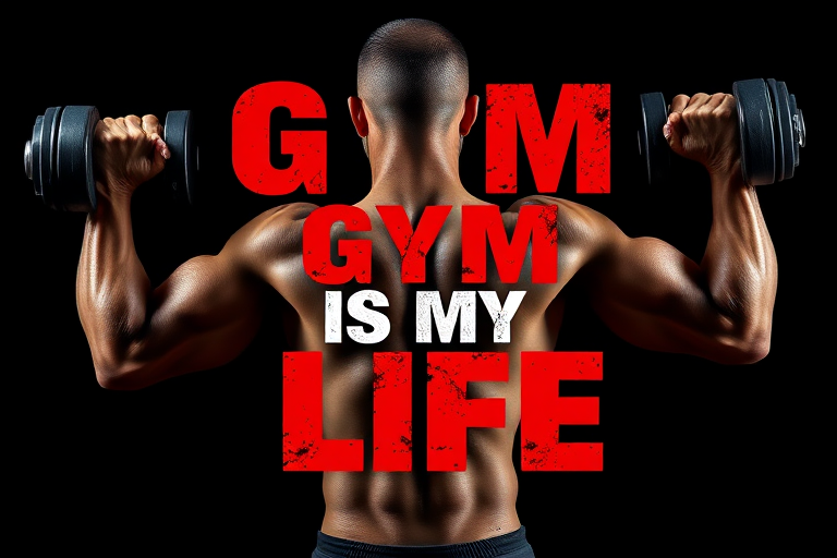 Create a high-resolution image of a muscular figure lifting weights, with bold text reading "GYM IS MY LIFE" in dynamic red and white colors against a black background, captured with a Canon EOS R5, 24-70mm lens, f/2.8 aperture, ISO 100, shot in high contrast portrait mode for dramatic effect.