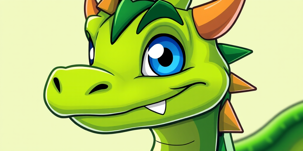Create a vibrant cartoon-style illustration of a green dragon-like creature with an expressive blue eye, sharp spikes, and a playful smirk, using a DSLR camera at f/2.8 aperture, ISO 100, 50mm lens, natural lighting to enhance color saturation and details.