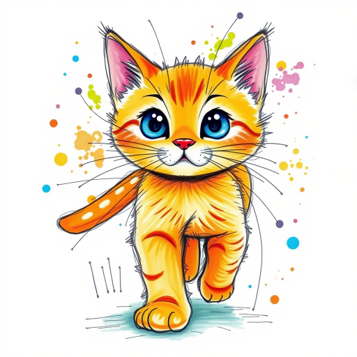 A vibrant childs coloured pencil drawn illustration of a bright orange cat with large, expressive blue eyes, a very cute style. The cat appears to be walking towards the viewer, surrounded by an abstract splash of colors and fine black lines, giving the image a dynamic and artistic flair. The background is a soft beige, highlighting the cat's vivid coloration and playful demeanor. Naively drawn scratchy line style.