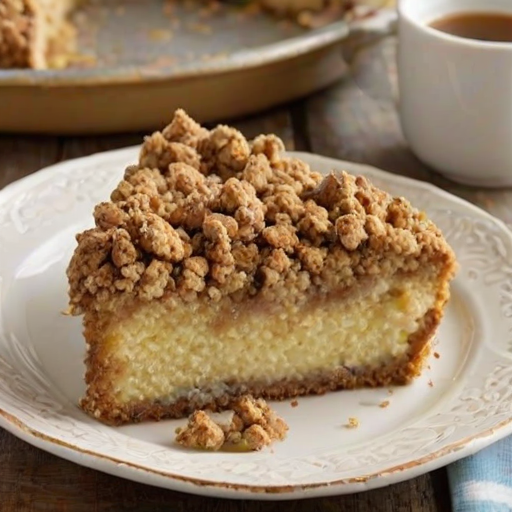 Generate an image of a freshly baked cake with a golden-brown crust and a crumbly topping. The cake should have a light, fluffy texture and may contain visible fruit pieces. The setting should feature a rustic baking tray, with some crumbs scattered around for a homemade feel.