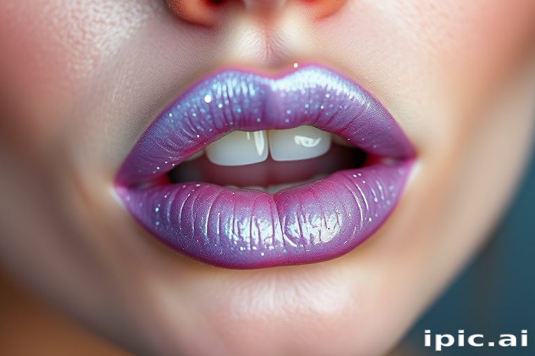 Pearlescent lavender lip topper with holographic glitter, christened "Cosmic Lilac," adding dimension and sparkle to any lip color, perfect for creating otherworldly makeup looks