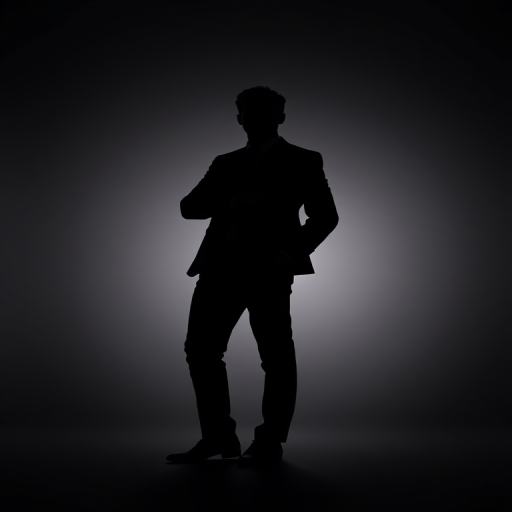 Generate a stylized silhouette of a man in a suit standing confidently, background gradient from dark to light, use a DSLR camera with an aperture of f/1.8, shutter speed of 1/200s, ISO 100, shot from eye level, with soft lighting for smooth edges and enhanced clarity.