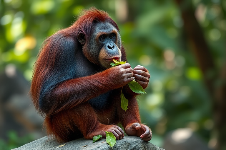 Orangutan sitting on a rock eating leaves, shallow depth of field, natural light, Canon EOS R5, 85mm f/1.2, ISO 200, f/2.8, 1/200s, soft bokeh background, wildlife photography style