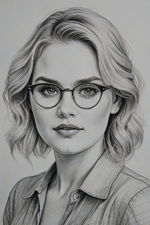 Bewitching Eliza Taylor, pencil sketch, portrait of Lovely woman 1945s in glasses, hair style beatnik, outline, clear lines, fine lines, 8k