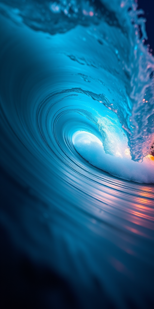 Create an ethereal depiction of a wave with vibrant blue and orange light trails, using a Canon EOS R5, 35mm lens, aperture f/1.8, ISO 100, and a long exposure to enhance fluid motion and detail.