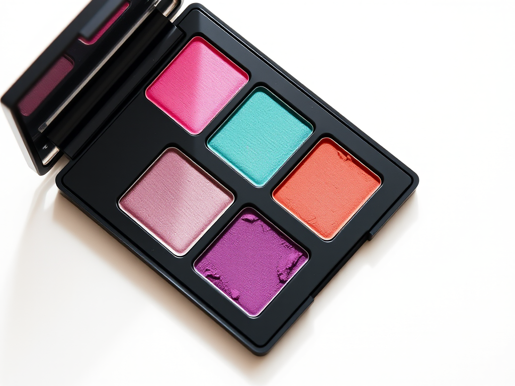 create a high-resolution image of a makeup palette with three square compartments for bright pink, teal, and purple eyeshadows, placed on a plain white background, with soft natural lighting, using a DSLR camera at f/8 aperture, 50mm lens, and ISO 200 for sharp detail and color vibrancy.