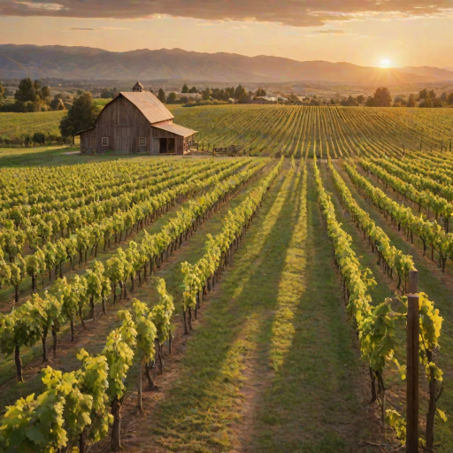 Soft-focus image of a scenic vineyard at sunset, soft golden light illuminating rows of grapevines, with a rustic barn and distant hills in the background.
