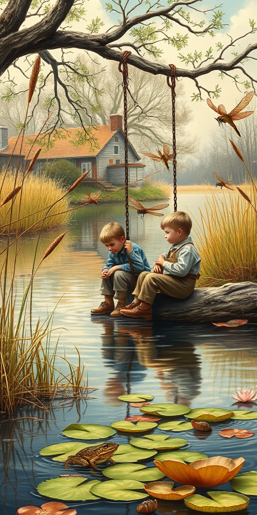 Imagine a small group of old fashioned young boys out fishing by the creek, a swing hanging from a tree branch, reeds and grasses by the water's edge, a frog sitting on a lily pad, dragonflies hovering over som water plans, a very iconic old fashioned scene reminiscent of a Norman Rockwell painting style