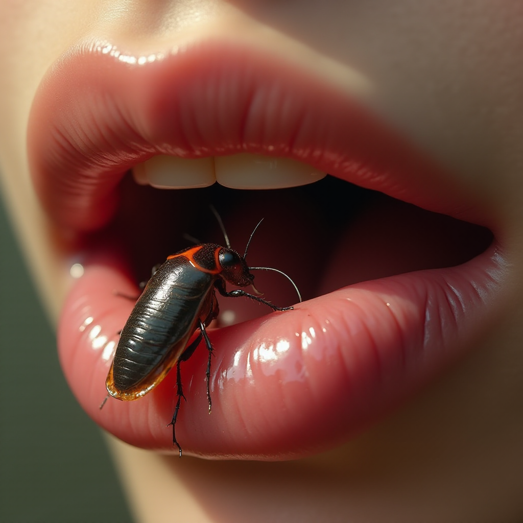 Written name "name" in ginat letters Close-up of realistic human lips, soft pink and glossy, with detailed textures A small vividly cockroach with sharp teeth is crawling out of the mouth The cockroach's skin is highly detailed with a shiny texture and its teeth are menacing and sharp The lips appear moist with subtle reflections of light and the cockroach contrasts starkly with the smooth skin of the lips Hyperrealistic style with intricate textures and lighting
