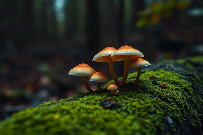 Capture a close-up shot of mushrooms growing on a moss-covered log in a dark forest setting, using a DSLR camera with a 50mm lens, aperture f/2.8, ISO 200, 1/100 sec exposure, macro focus, natural lighting for enhanced image quality.