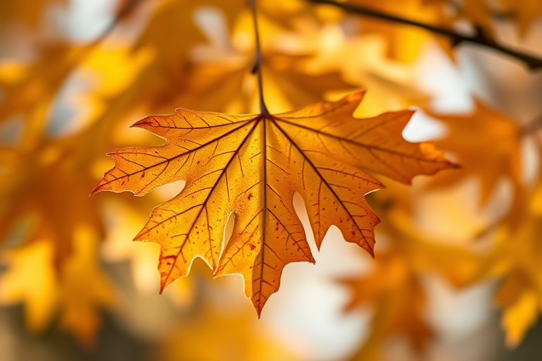 macro shot of autumn oak leaves with a blurred background, f/2.8 aperture, 100mm lens, ISO 100, soft natural lighting, shallow depth of field, DSLR camera