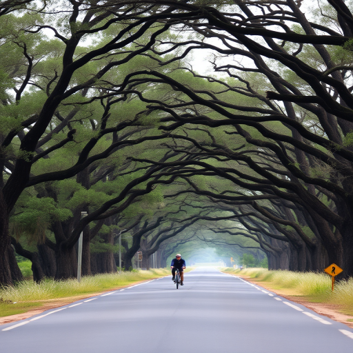 Quiet, rural road lined with towering oak trees, their branches arching overhead, creating a natural canopy for the lone cyclist passing beneath.