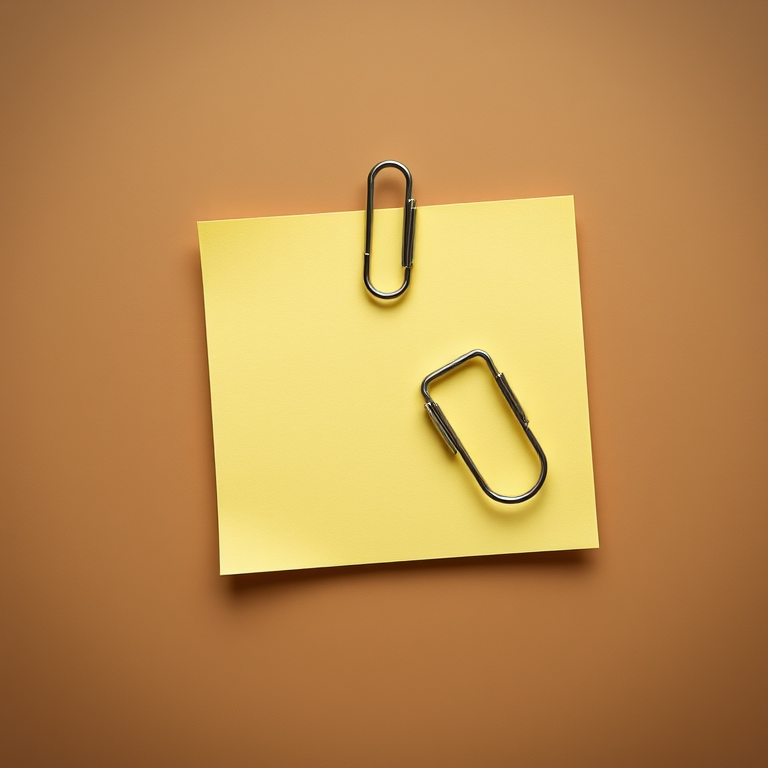 Create an image of a blank sticky note with a paperclip attached, using a high-resolution DSLR camera with an aperture of f/2.8, ISO 100, in a well-lit studio setting, capturing a top-down view, with a soft focus background for depth.