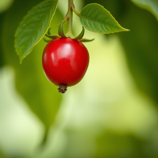 Close-up of a red fruit hanging from green leaves, soft-focus background, f/4 aperture, 100mm macro lens, ISO 200, natural lighting, taken with a DSLR camera.