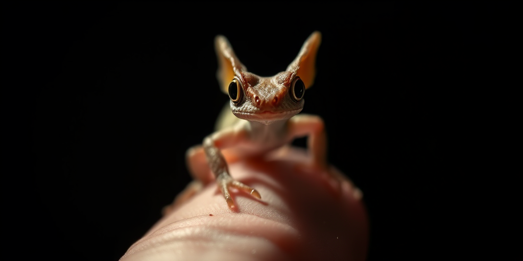 portrait of a small dragon-like creature perched on a hand in dim lighting, macro lens, aperture f/2.8, ISO 100, 50mm focal length, shallow depth of field, soft focus background