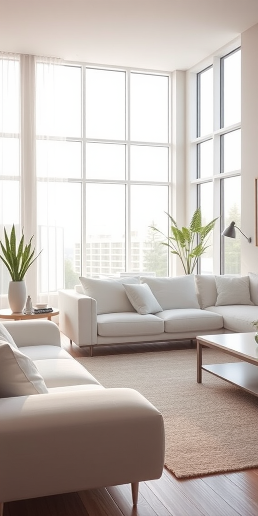 interior living room with modern white furniture, large windows letting in natural light, minimalist design, soft textures, bright and airy atmosphere, captured with a DSLR camera, 24mm lens, aperture f/2.8, ISO 200, shutter speed 1/100s, soft daylight lighting