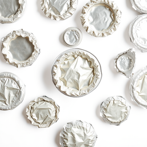 photograph of various aluminum foil containers arranged artistically on a white background, taken with a DSLR camera at f/8 aperture, ISO 100, 1/60 sec shutter speed, using a macro lens, over a top-down view, natural lighting for enhanced quality