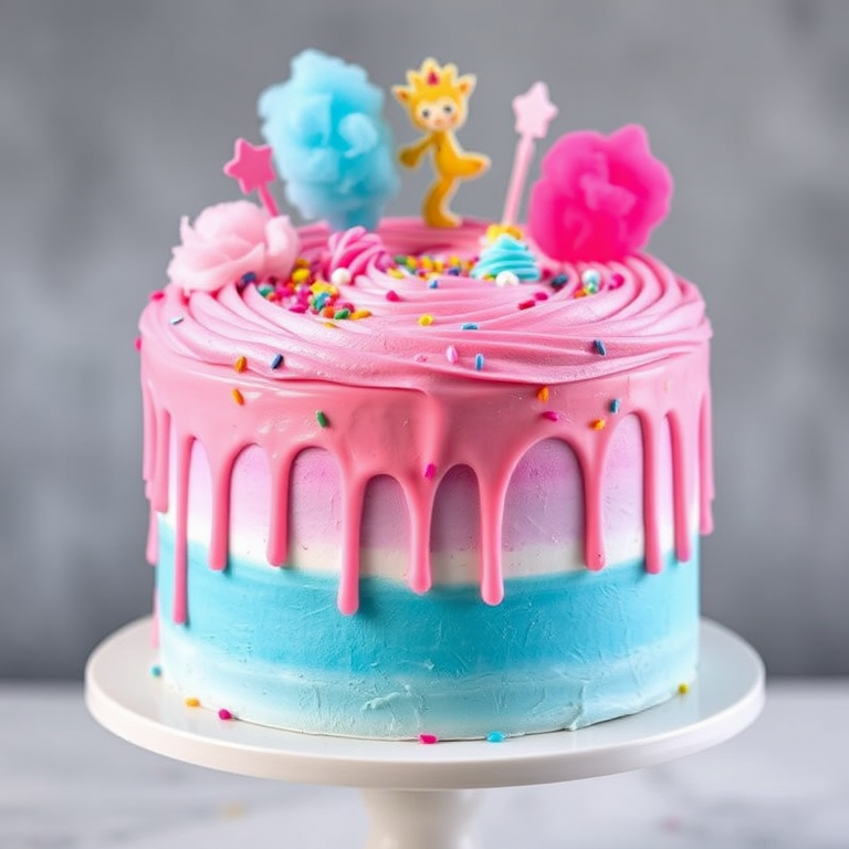 Create an image of a colorful cake featuring a swirl of pink and blue frosting with dripping icing on the sides topped with cotton candy, colorful sprinkles, and decorative cake toppers arranged artistically on a white cake stand with a blurred background.