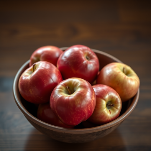 Create a hyper-realistic image of a bowl filled with shiny, ripe apples on a wooden table, with soft diffused lighting to enhance texture details, using a Canon EOS R5, 50mm f/1.2 lens, aperture set to f/2.8, ISO 100, and a shutter speed of 1/125s.
