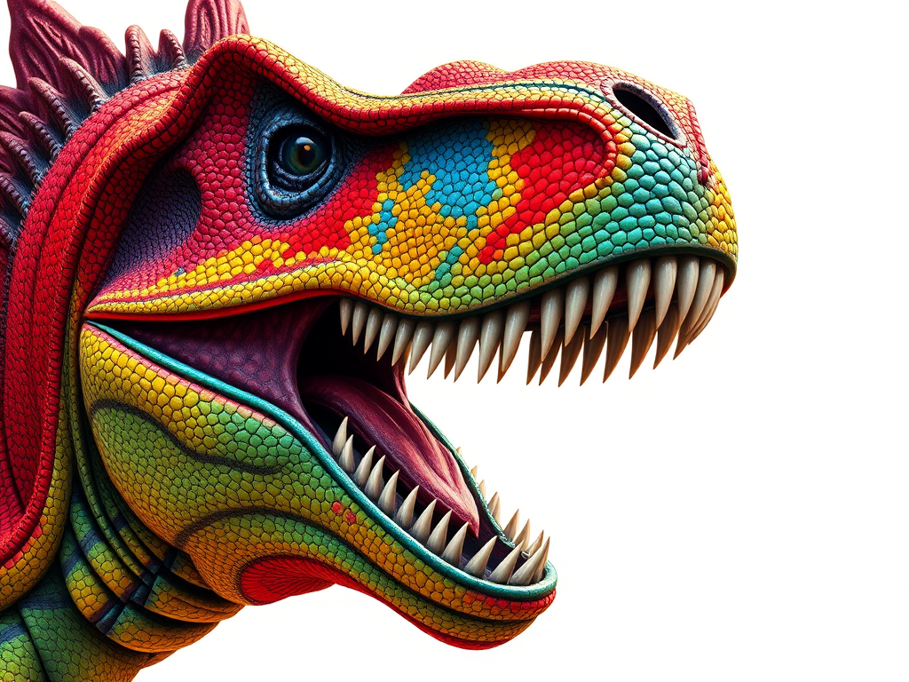 Create a vibrant and detailed illustration of a roaring dinosaur head with a colorful and textured surface, captured with a Canon EOS 5D Mark IV camera, 50mm lens, f/1.8 aperture, ISO 100, in high dynamic range style with a focus on vivid colors and sharp details.