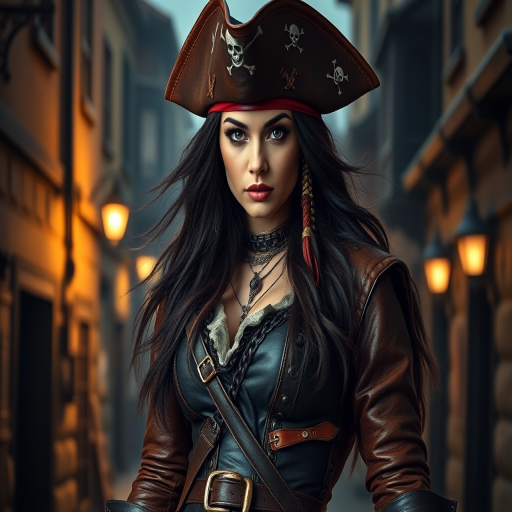 Create a portrait of a fierce female pirate. She wears a leather tricorn hat adorned with a skull and crossbones emblem, and her long, dark hair flows around her face. Her outfit consists of a richly detailed leather jacket, a corset, and multiple layers of belts and accessories, giving her a formidable and stylish appearance. She stands confidently in a dimly lit, historic port town, with a backdrop of weathered buildings and cobblestone streets, capturing the adventurous spirit of a pirate.
