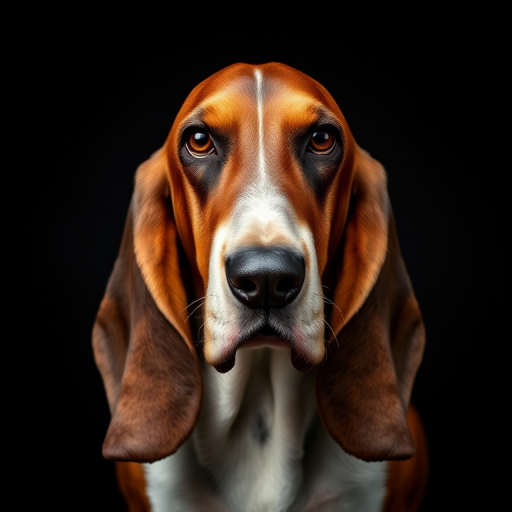 portrait of a Basset Hound against a black background, Canon EOS R5, 50mm lens, f/1.8 aperture, ISO 100, 1/200 sec, soft diffused lighting