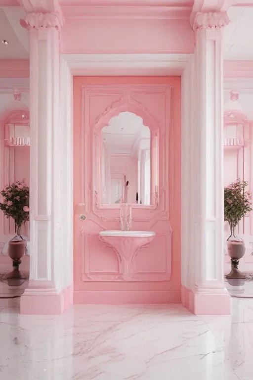 Elegant Pink Hallway with Lavish Decor and Charming Floral Accents
