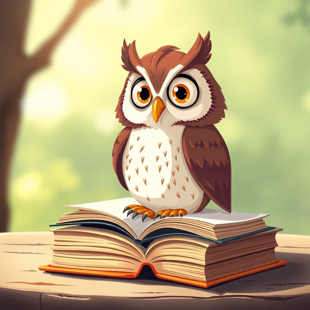 Create a whimsical illustration of a cartoon owl perched on an open book with exaggerated features, using a DSLR camera with a 50mm lens at f/2.8, shot from a slightly elevated angle in soft natural light to enhance colors and details.