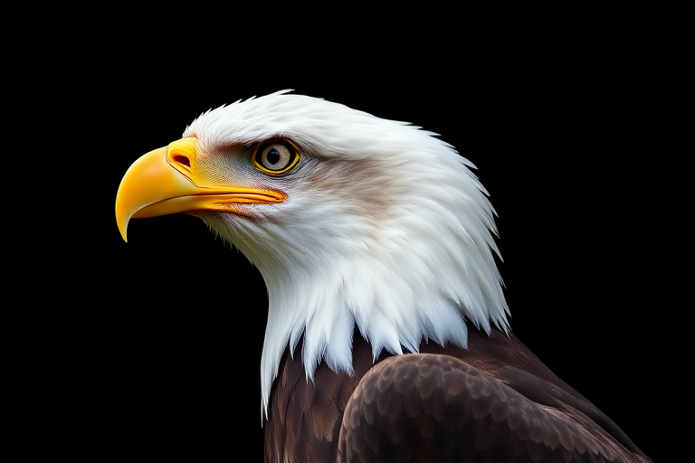 Bald eagle in profile, high-resolution, aperture f/2.8, shutter speed 1/500s, ISO 100, natural light, telephoto lens, focus on the eye, black background for contrast.