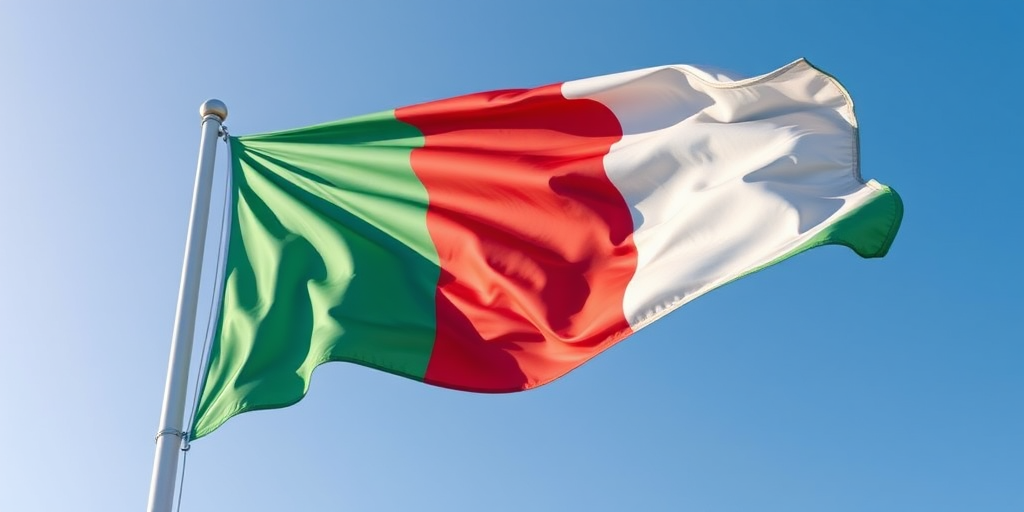Create a hyper-realistic image of the Italian flag waving in the wind with detailed texture, shot using a DSLR camera with a 50mm lens, aperture f/2.8, ISO 100, and a shallow depth of field, capturing it from a low angle to emphasize the movement and colors against a clear blue sky.