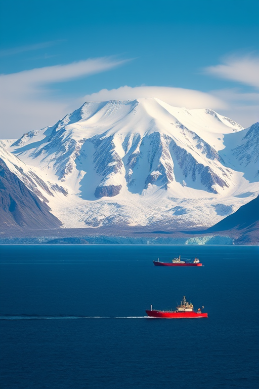 high-resolution image of a majestic snowy mountain range with a blue ocean foreground and a red ship, shot with a DSLR camera, focal length 35mm, aperture f/8, ISO 100, natural lighting, wide-angle view