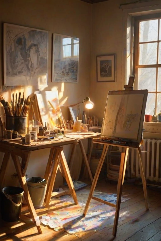 Warmly lit photo of an artist’s studio, with soft golden light streaming through a window, illuminating paintbrushes, an easel with an unfinished canvas, and tubes of paint scattered on a wooden table.