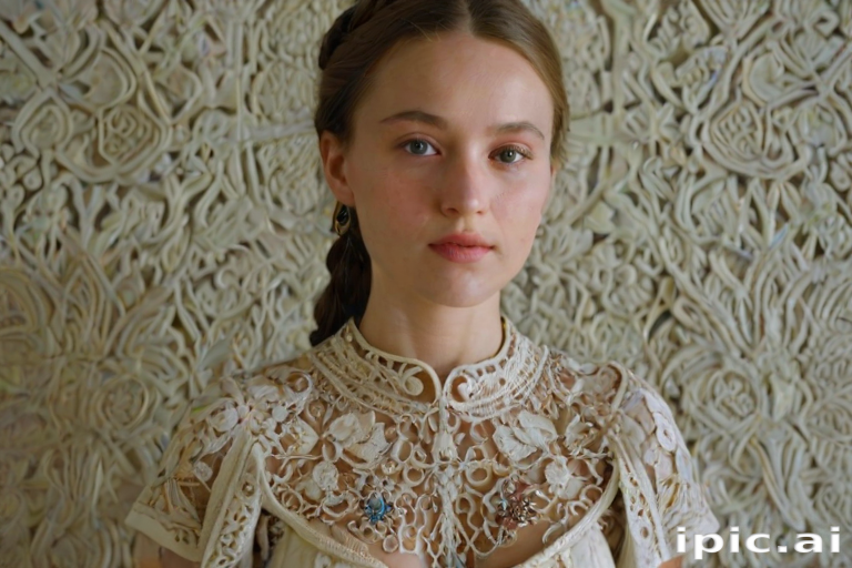 Face, shoulders, chest covered in openwork Ukrainian embroidery. Raw, unedited image.