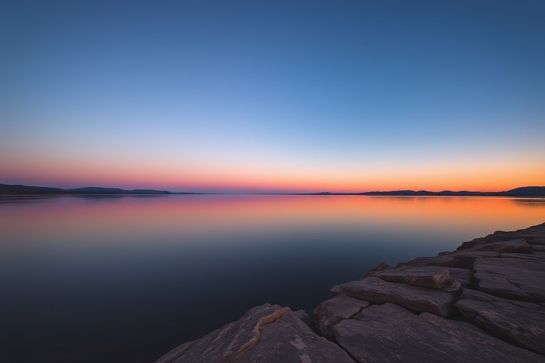 Capture a serene landscape of a calm lake at dusk with smooth water reflecting the sky, foreground rocky ledge, vibrant blue and warm sunset hues, use a wide-angle lens, aperture f/8, ISO 100, shutter speed 1/15 sec, tripod stabilization, DSLR camera, golden hour lighting.